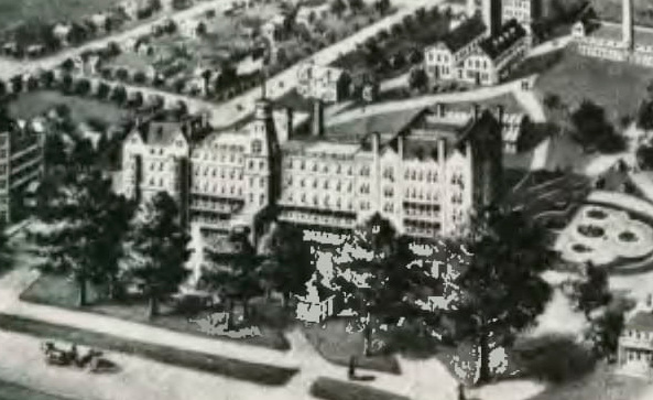 Vista aérea histórica do complexo do Battle Creek Sanatorium.