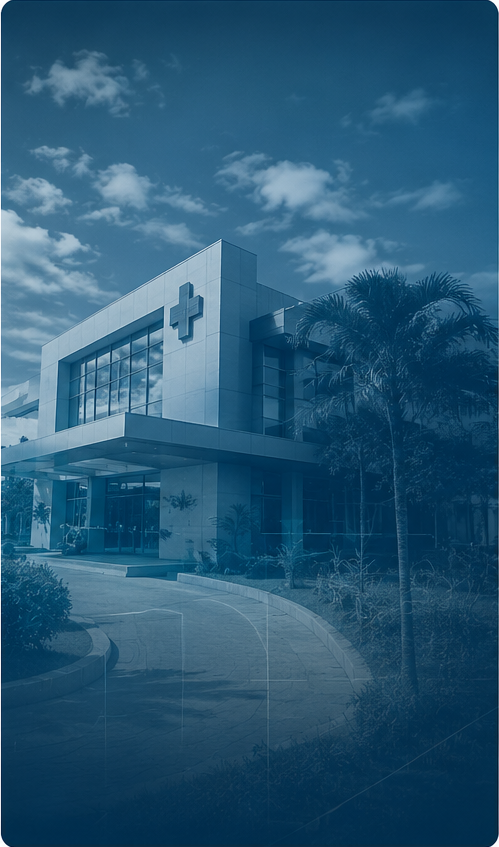 Fachada de hospital adventista em tratamento azul institucional